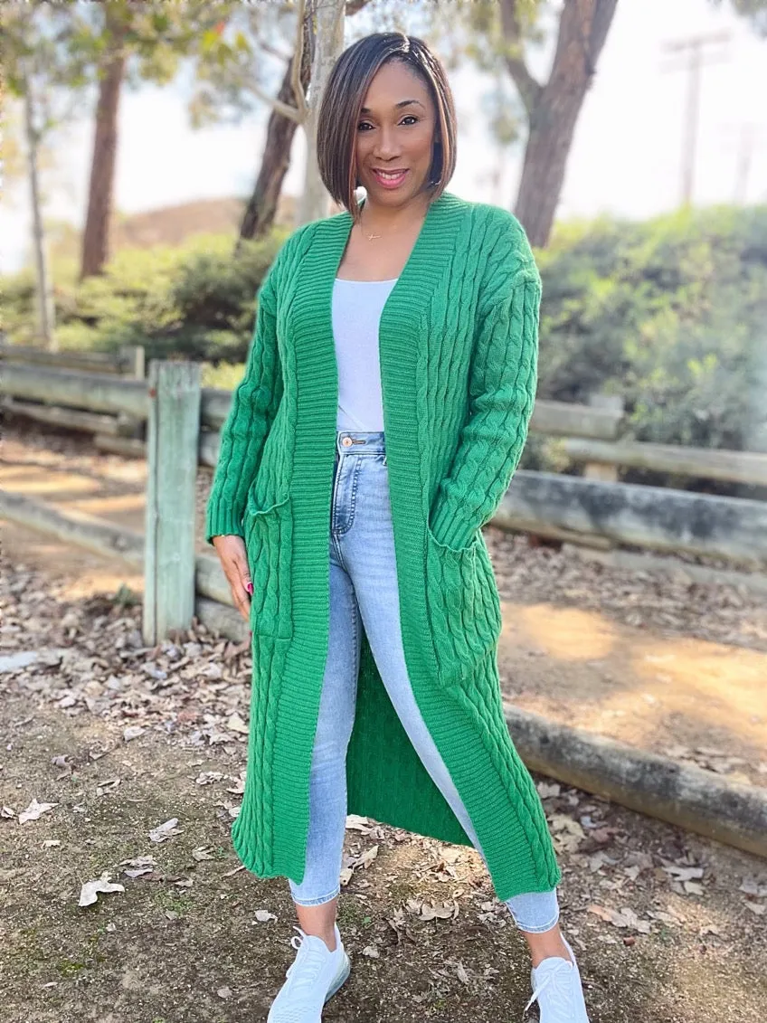 Long Cable Knit Open Front Cardigan