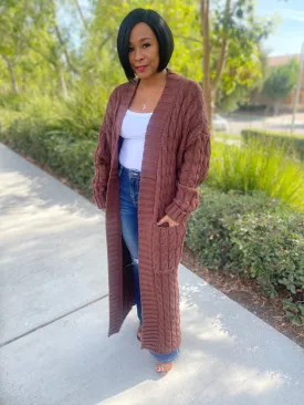 Long Cable Knit Open Front Cardigan