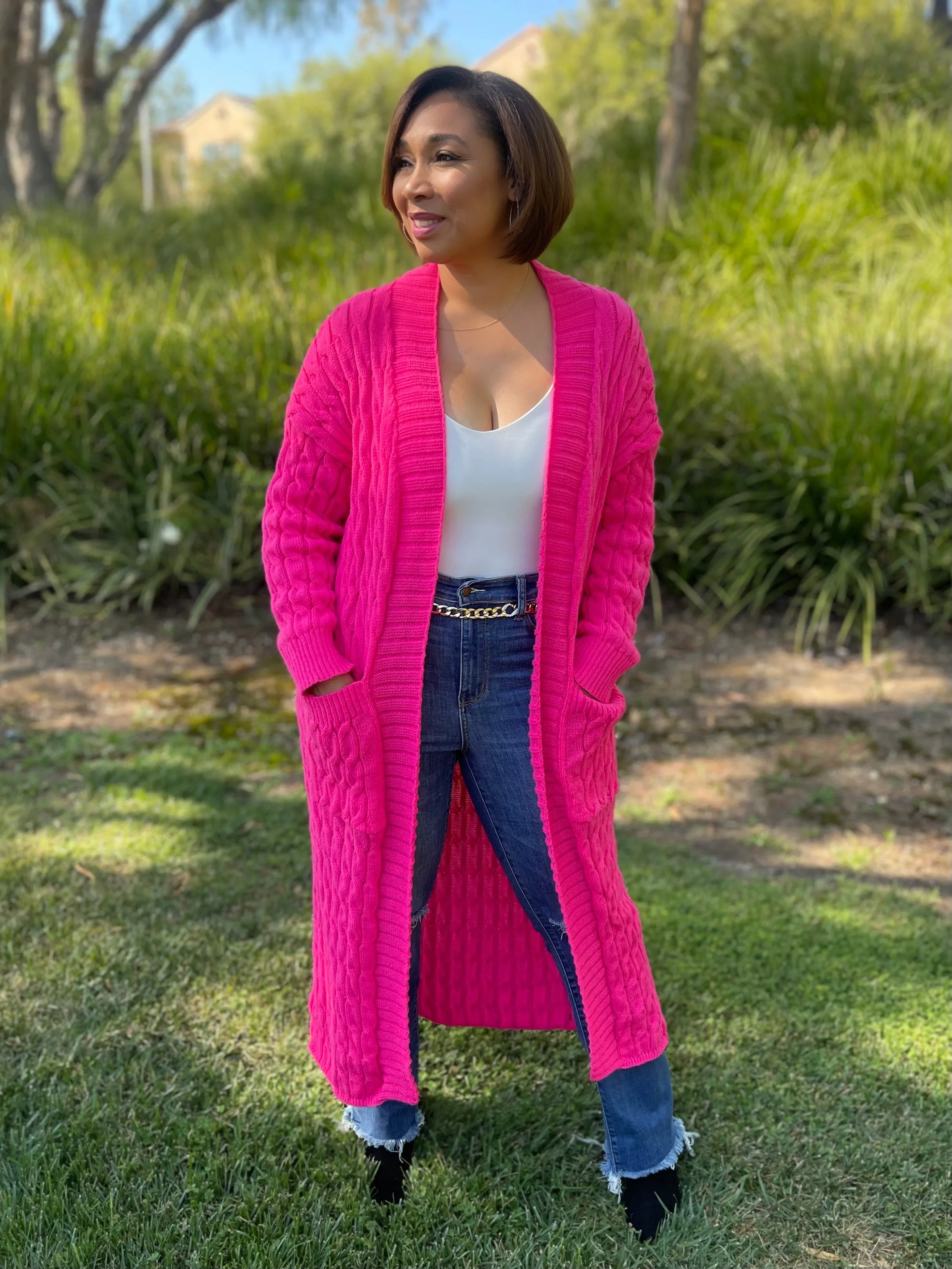 Long Cable Knit Open Front Cardigan