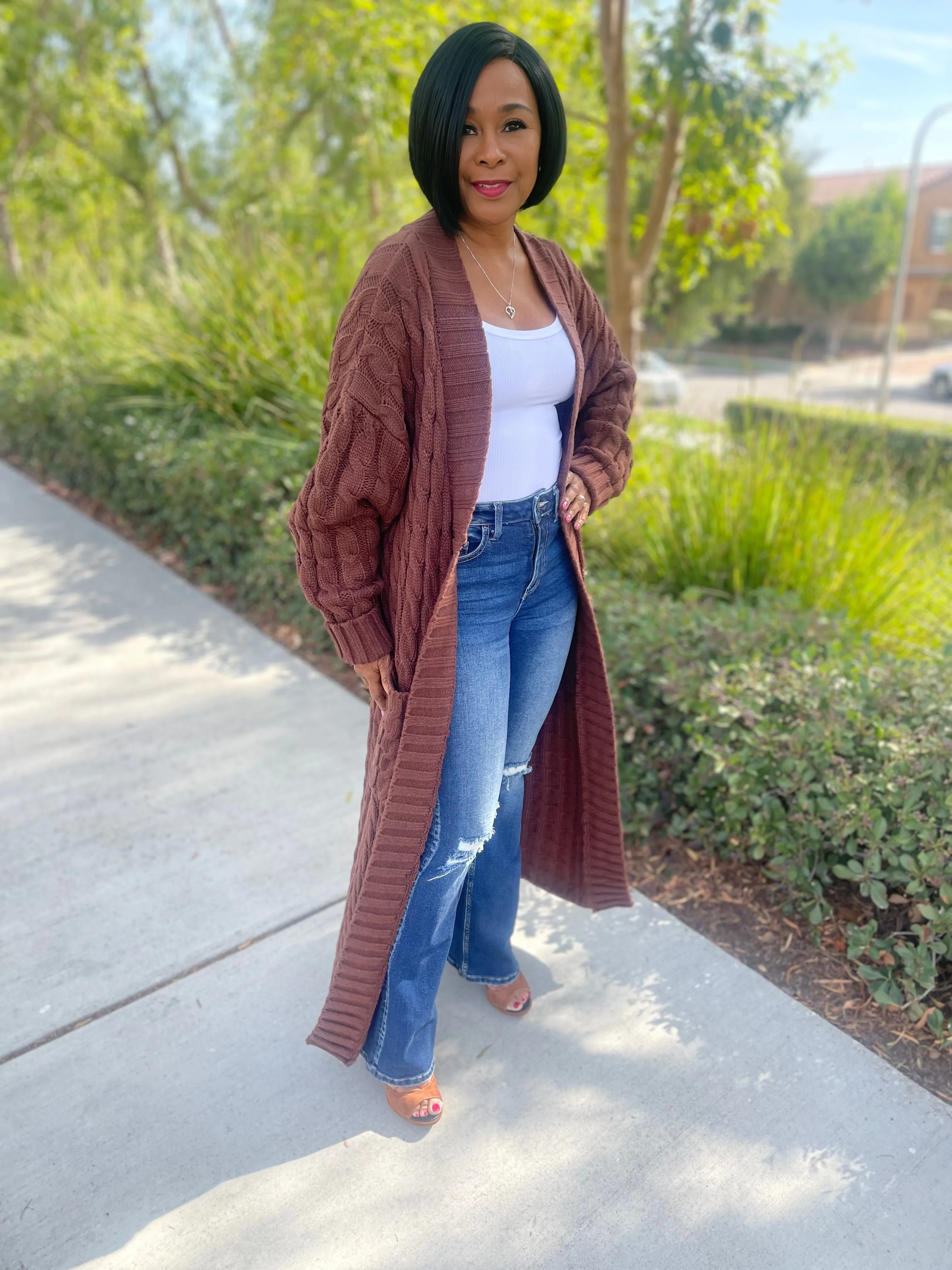 Long Cable Knit Open Front Cardigan
