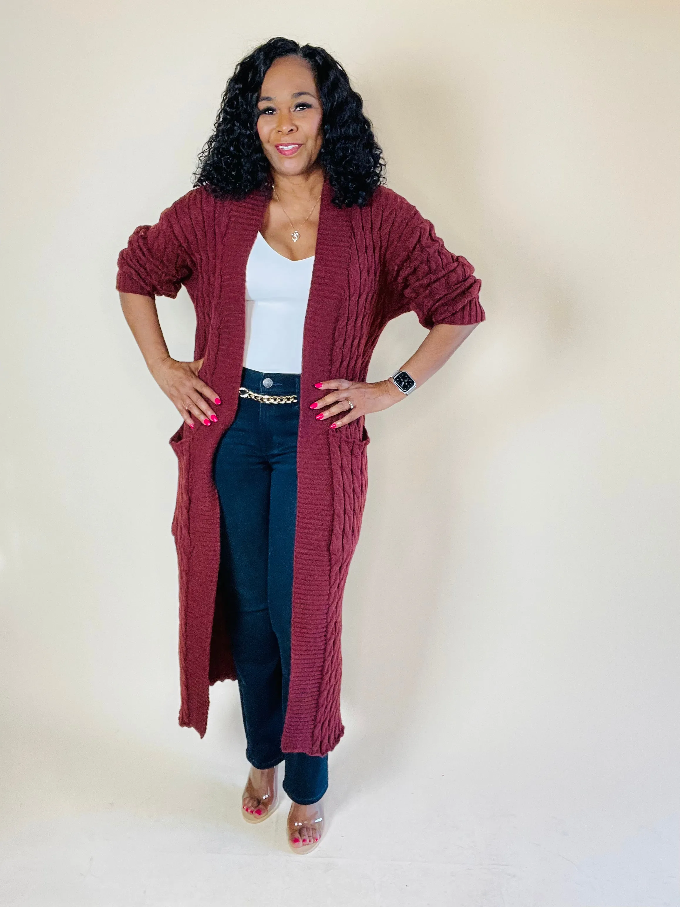 Long Cable Knit Open Front Cardigan