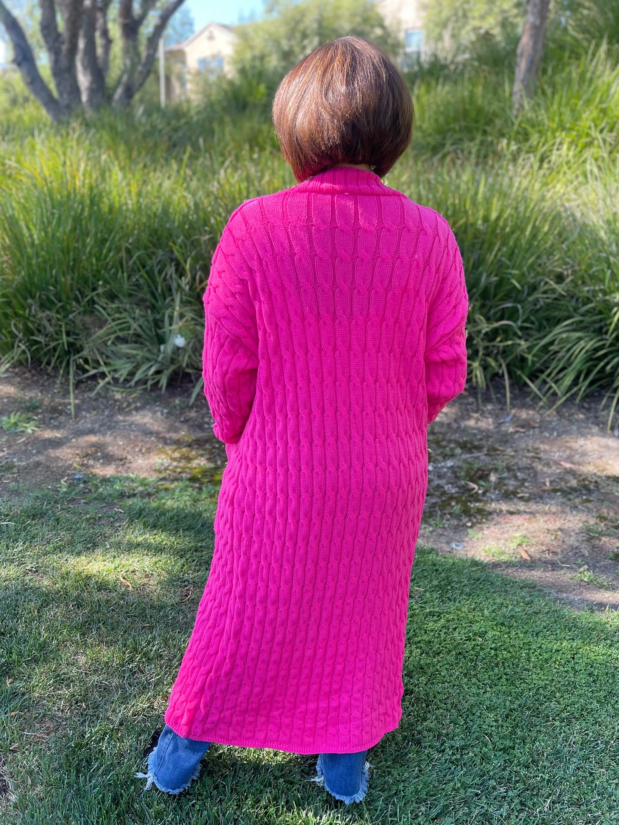 Long Cable Knit Open Front Cardigan