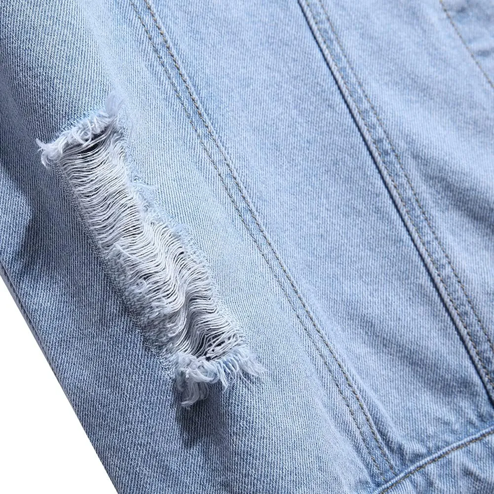 LONGBIDA Men's Denim Vest Sleeveless Ripped Slim fit Distressed Jean Jacket