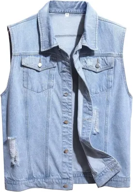 LONGBIDA Men's Denim Vest Sleeveless Ripped Slim fit Distressed Jean Jacket