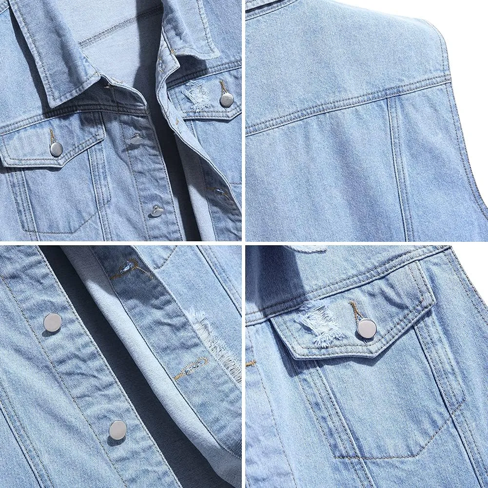 LONGBIDA Men's Denim Vest Sleeveless Ripped Slim fit Distressed Jean Jacket