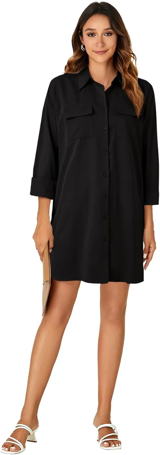 LYANER Women's Button Down Shirt Dresses Collared V Neck Long Sleeve Slit Mini Dress