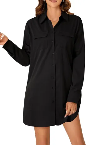 LYANER Women's Button Down Shirt Dresses Collared V Neck Long Sleeve Slit Mini Dress
