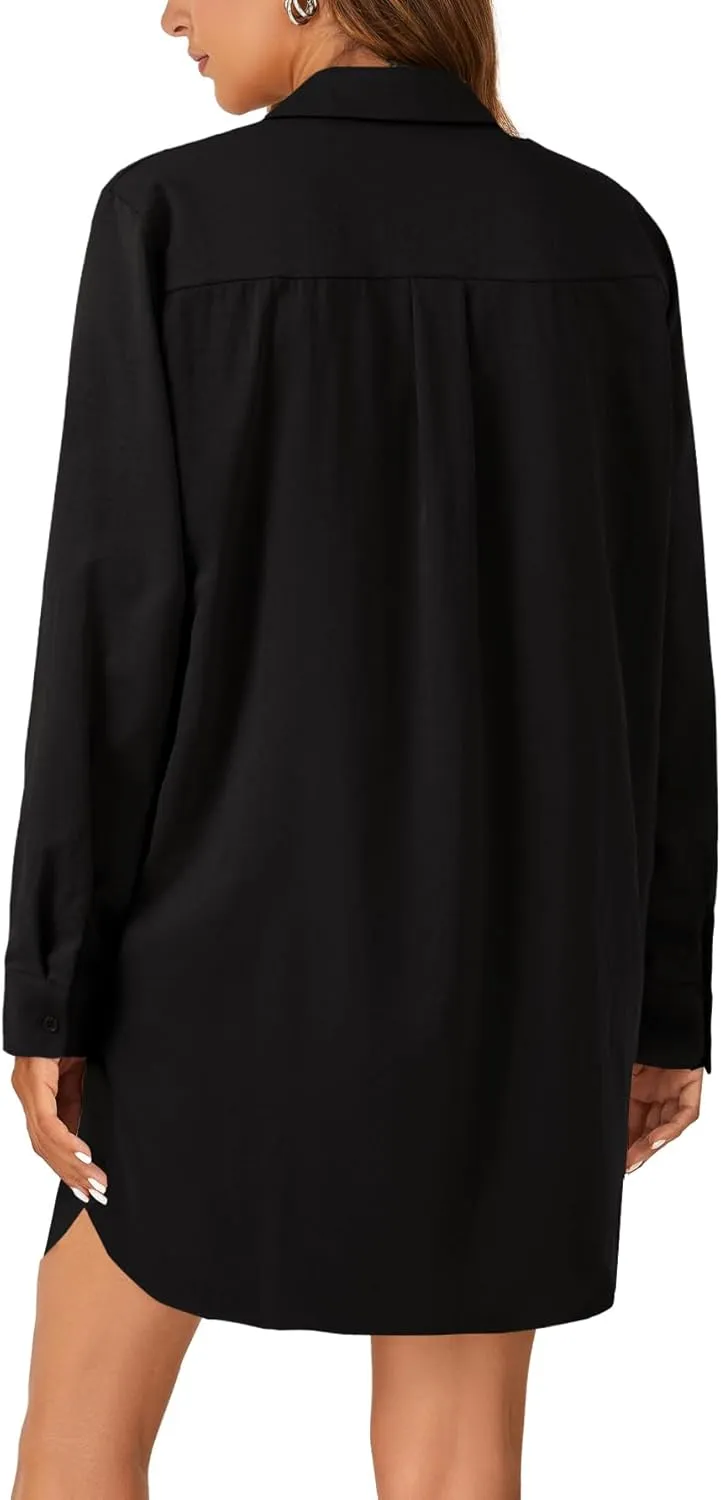 LYANER Women's Button Down Shirt Dresses Collared V Neck Long Sleeve Slit Mini Dress