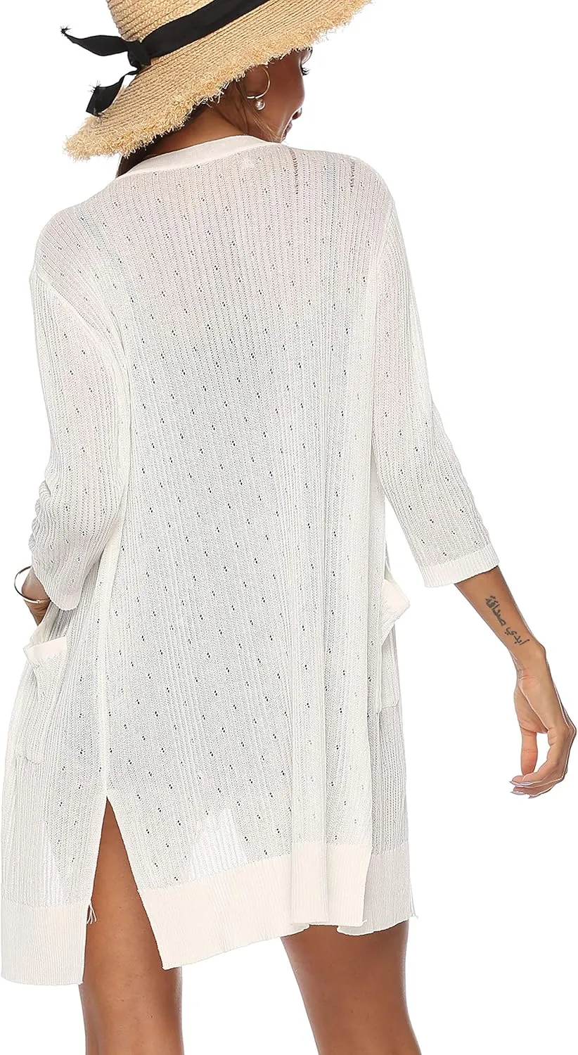 LYHNMW Women's Cardigan Casual 3/4 Sleeve or Long Sleeve Lightweight Open Front Long Knited Cardigan with Pocket