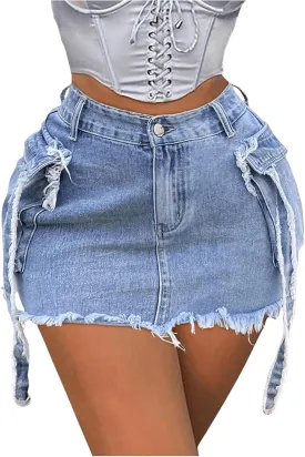 MakeMeChic Women's Raw Hem Flap Pocket Y2K Denim Mini Skirt Summer Short Cargo Skirts