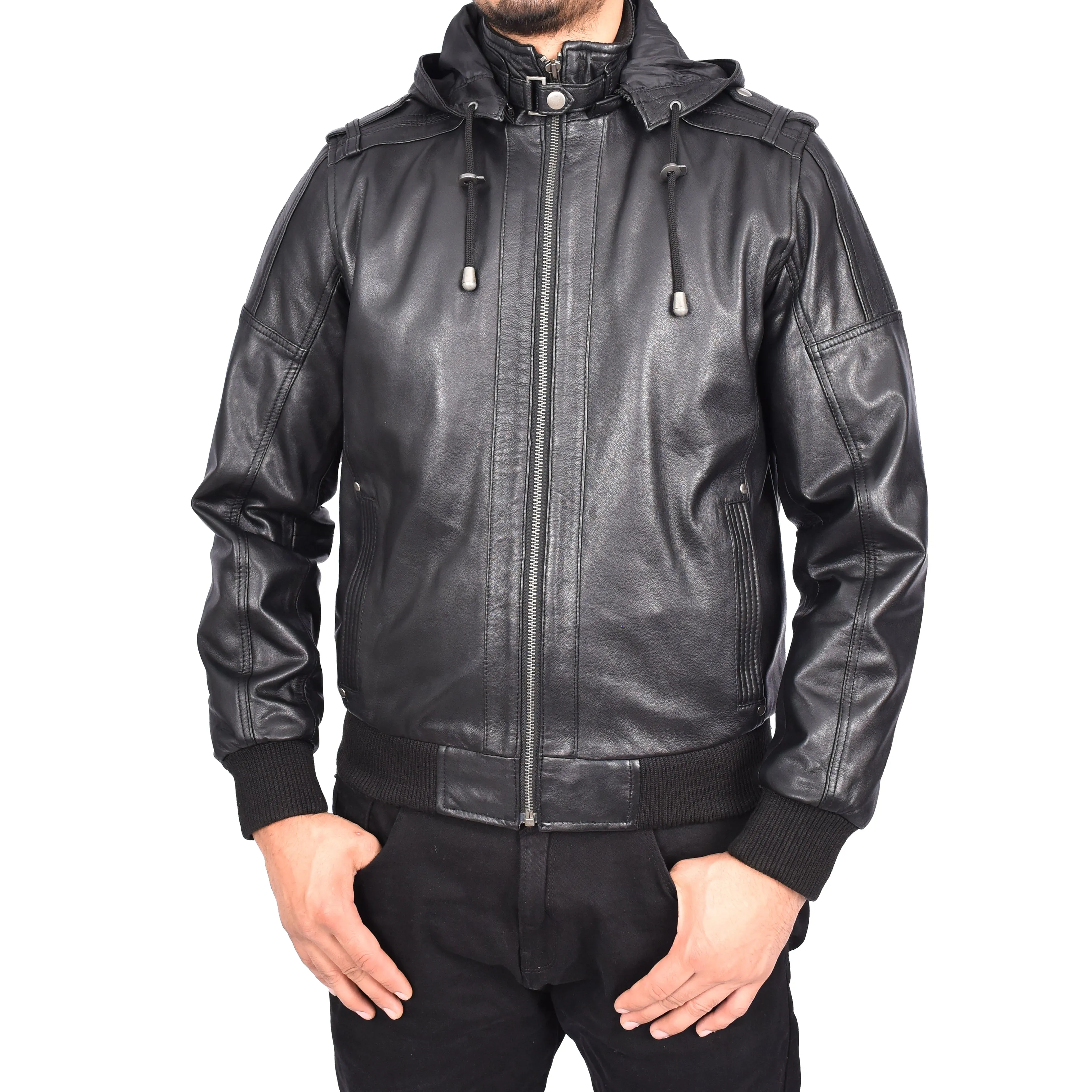 Men's Soft Sheep Nappa Leather Bomber Jacket Removable Hood Kent Black