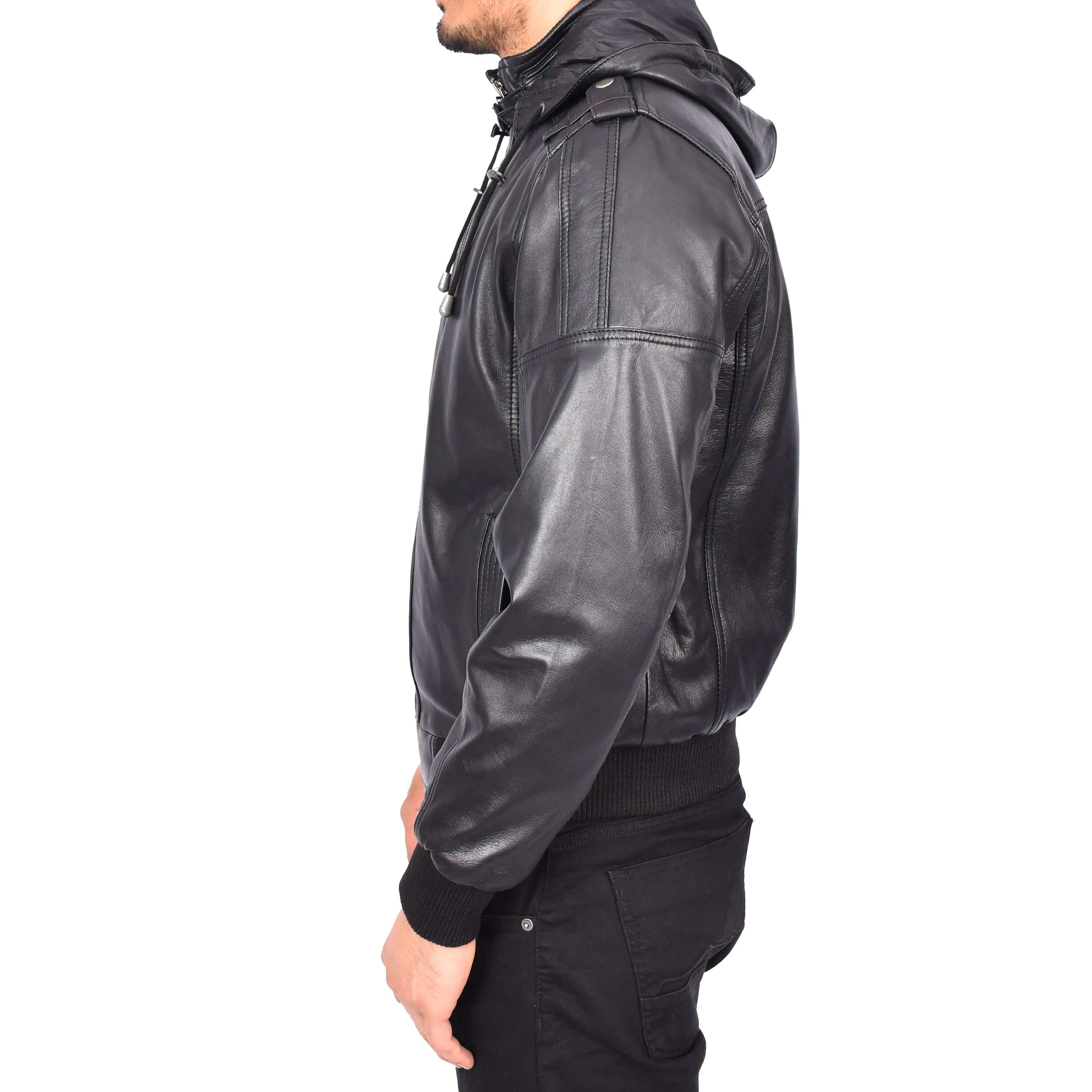 Men's Soft Sheep Nappa Leather Bomber Jacket Removable Hood Kent Black