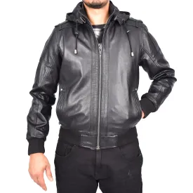 Men's Soft Sheep Nappa Leather Bomber Jacket Removable Hood Kent Black