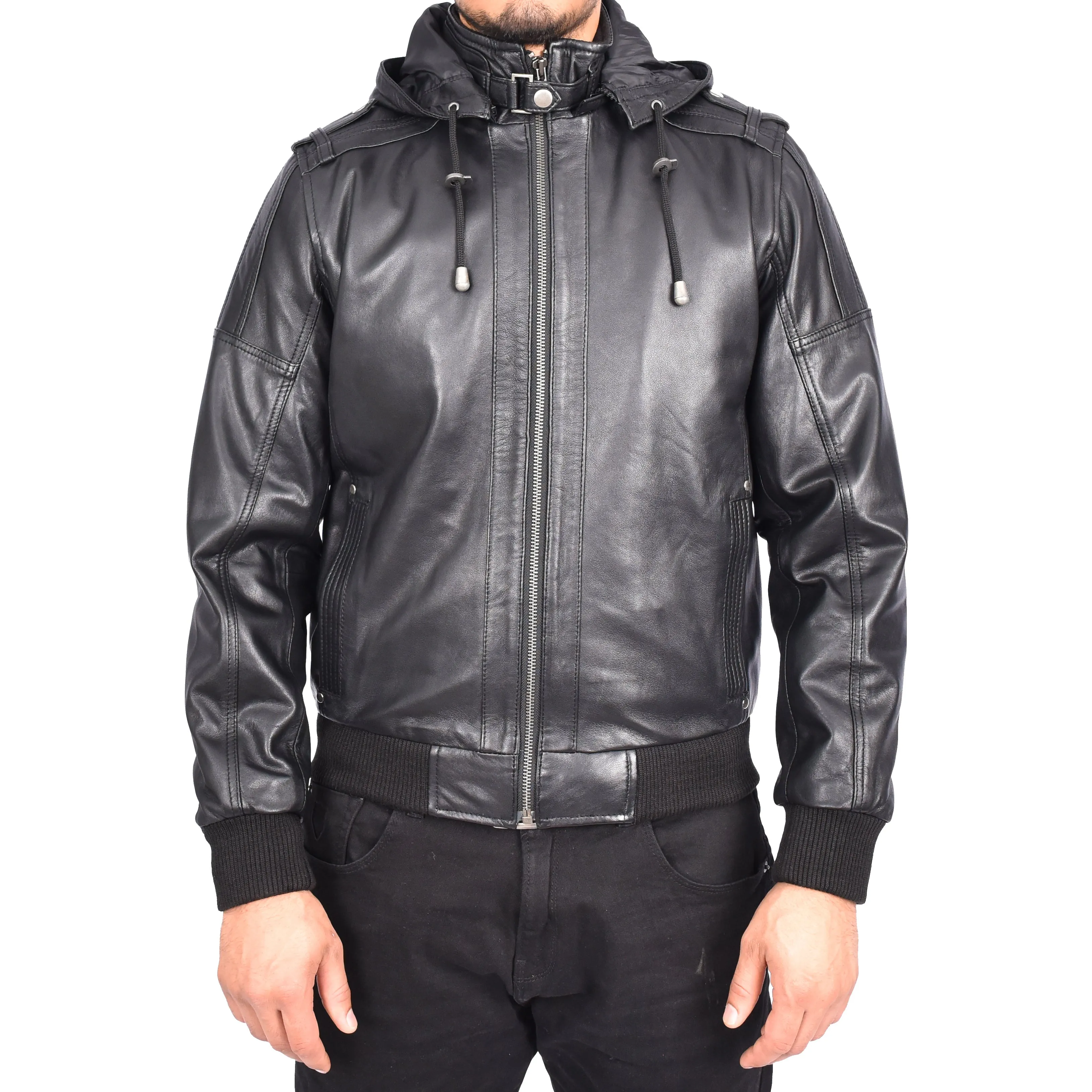 Men's Soft Sheep Nappa Leather Bomber Jacket Removable Hood Kent Black
