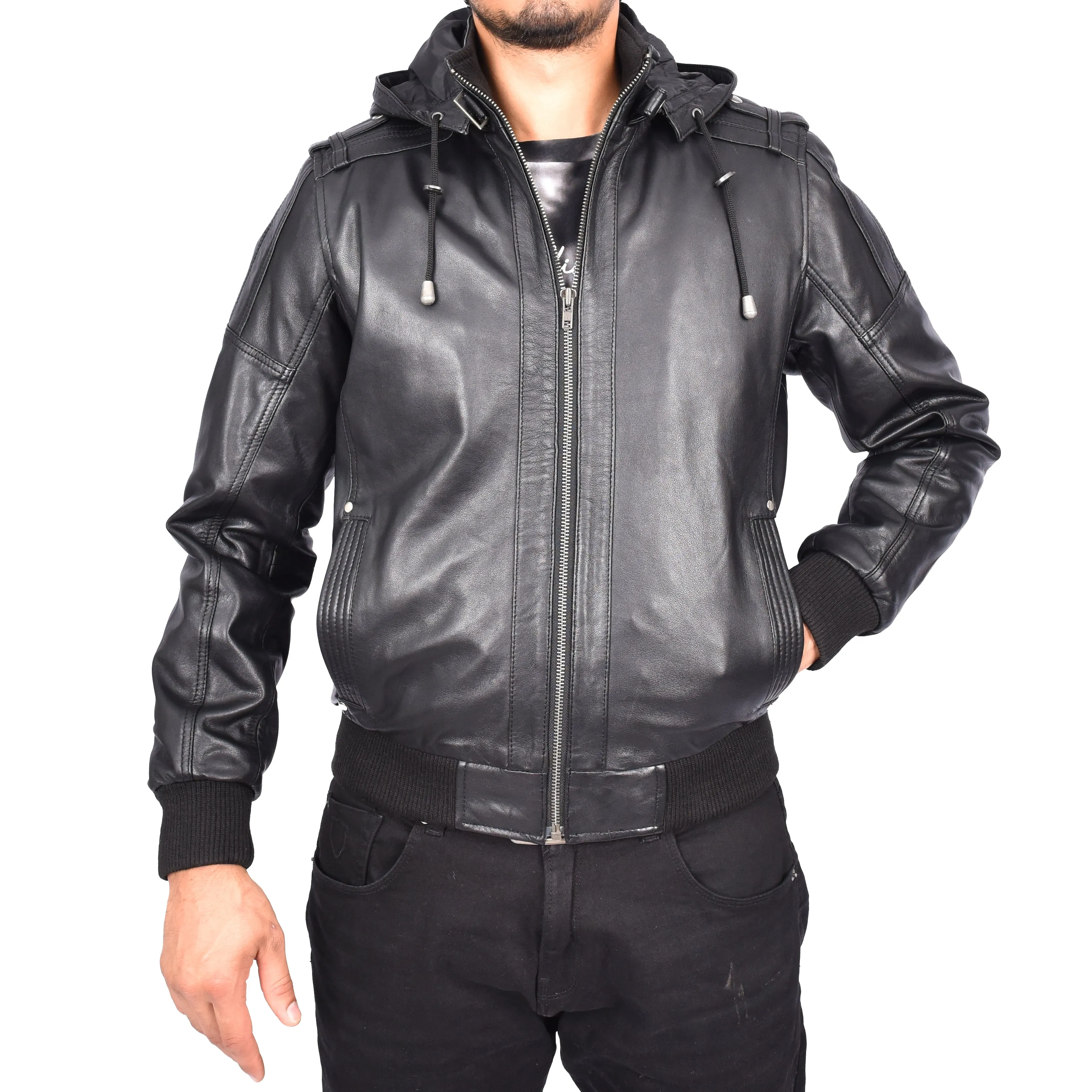 Men's Soft Sheep Nappa Leather Bomber Jacket Removable Hood Kent Black