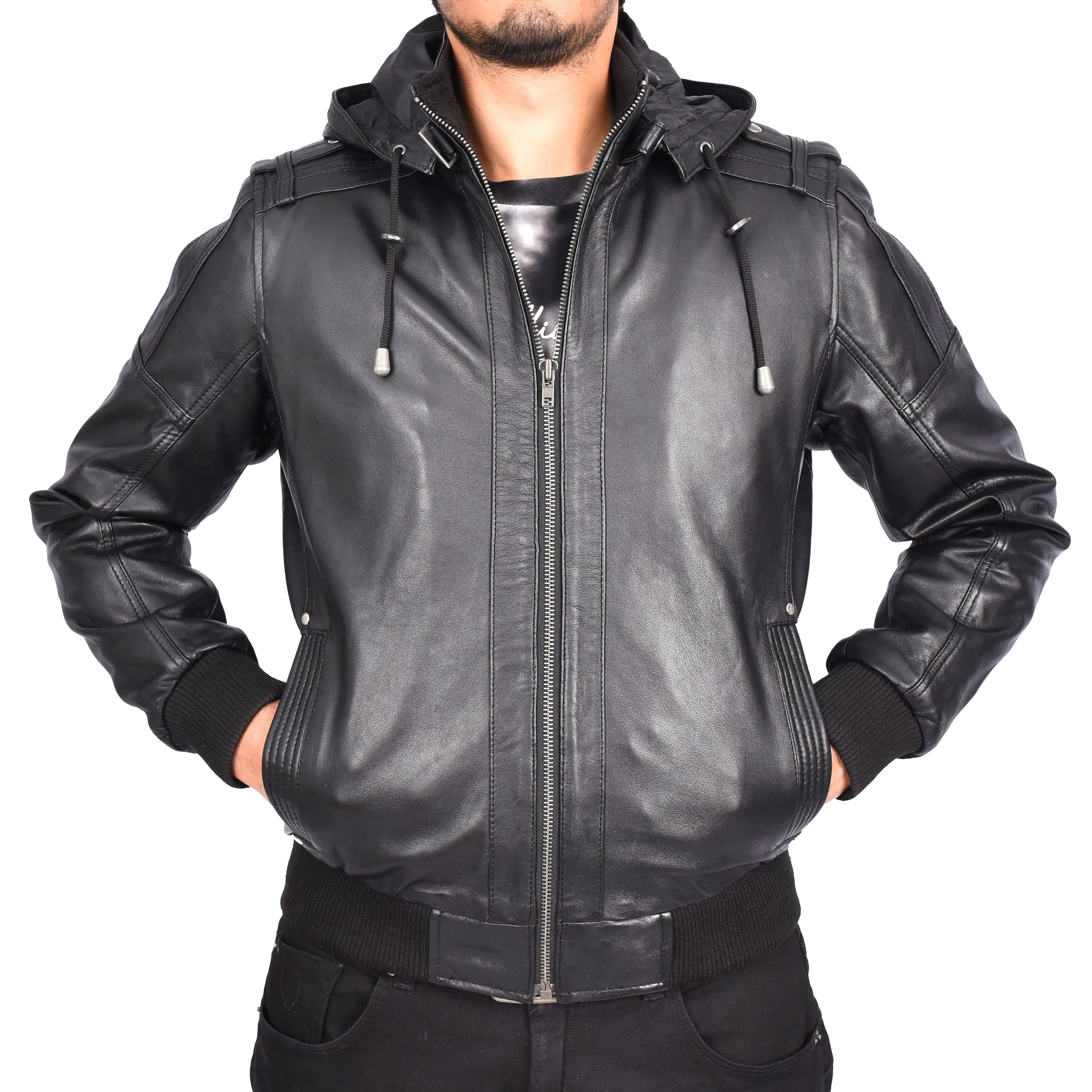 Men's Soft Sheep Nappa Leather Bomber Jacket Removable Hood Kent Black