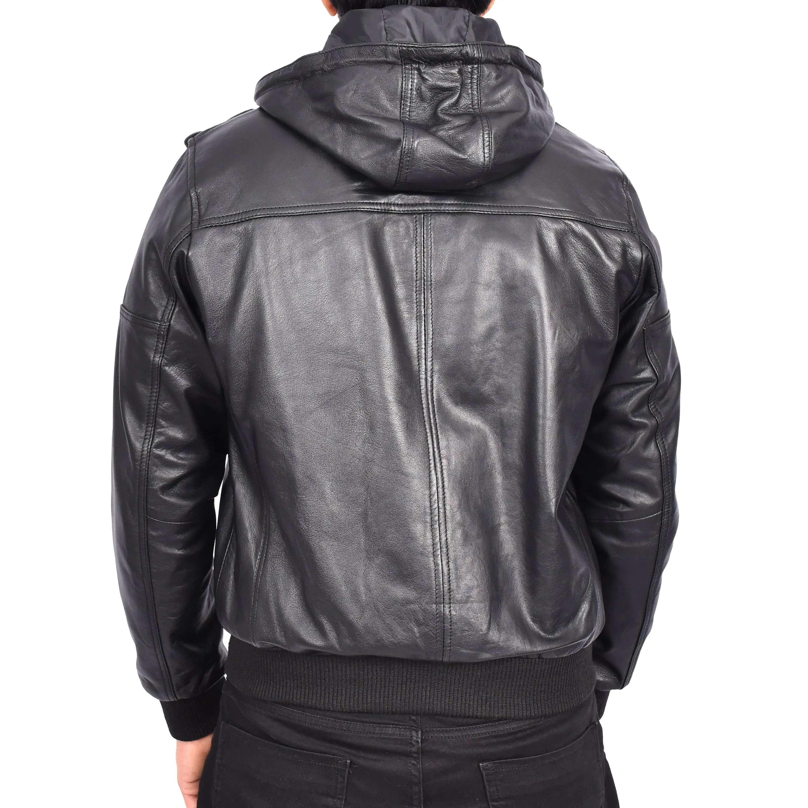 Men's Soft Sheep Nappa Leather Bomber Jacket Removable Hood Kent Black