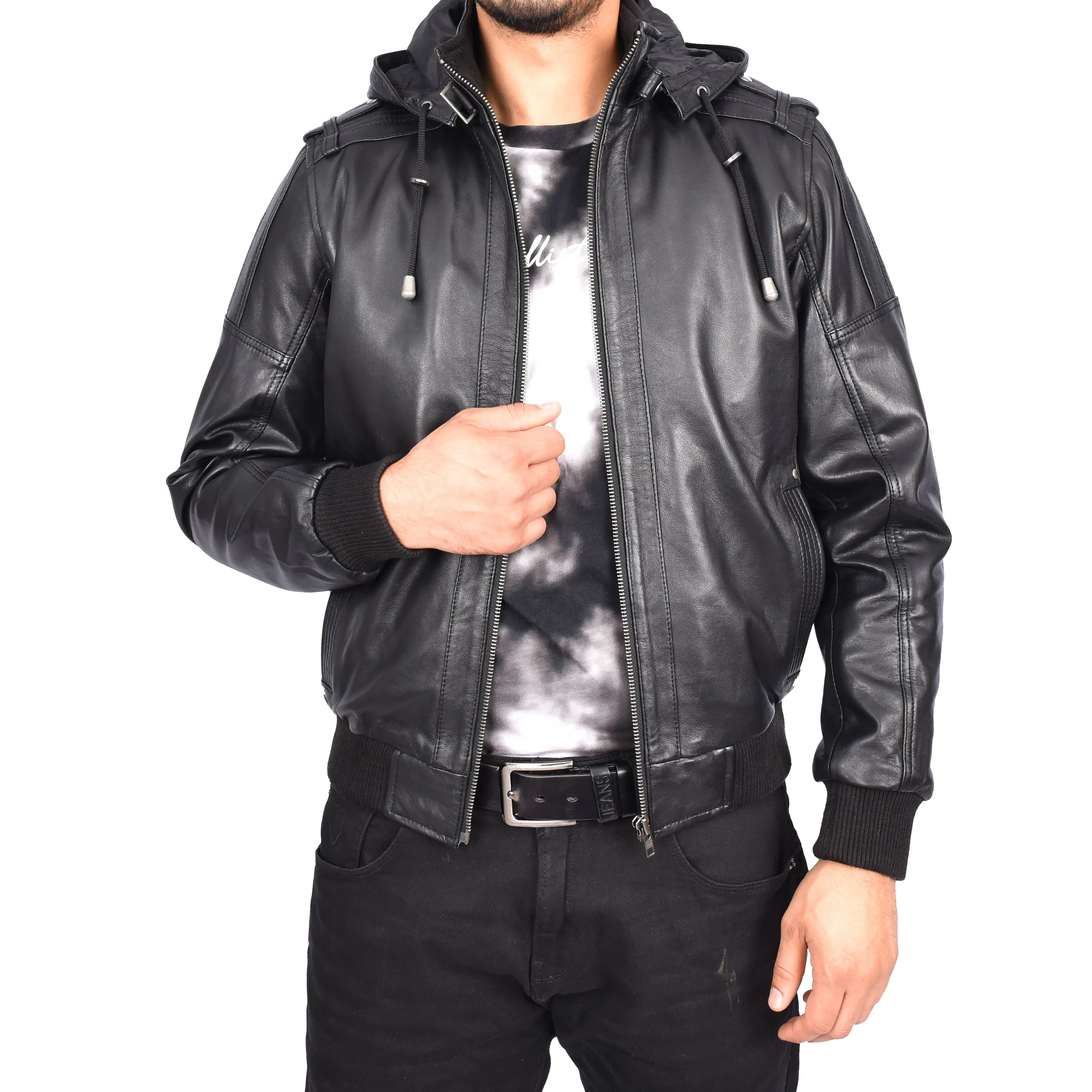 Men's Soft Sheep Nappa Leather Bomber Jacket Removable Hood Kent Black
