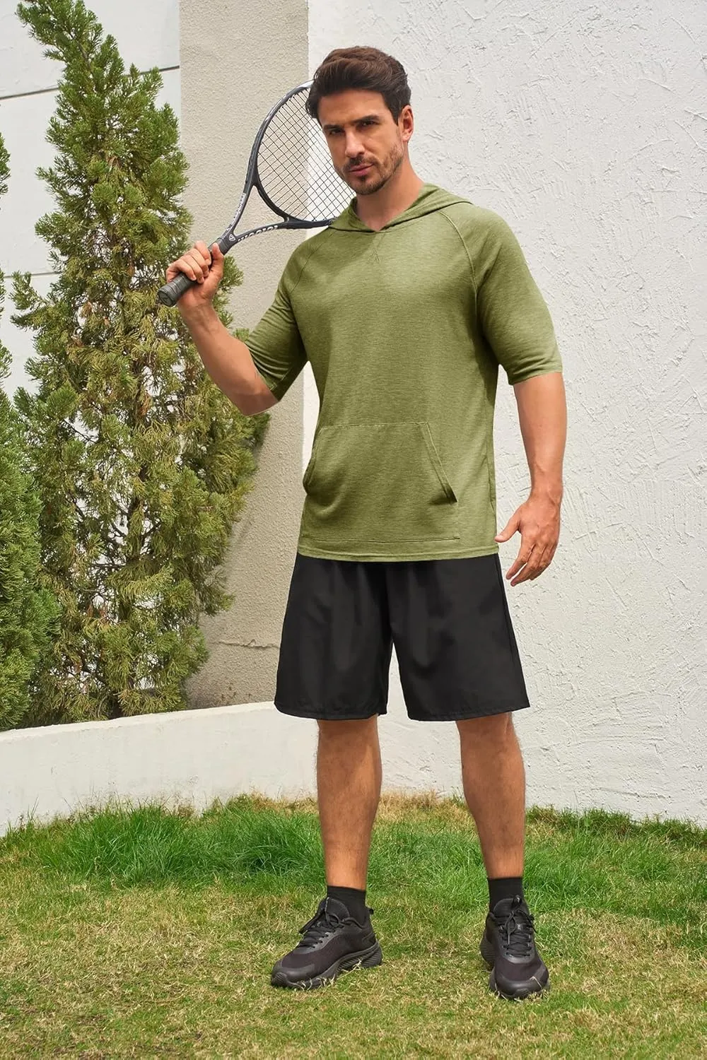 Men's Thin Hooded T Shirt Sweatshirts Short Sleeve Cool Solid Color Pullover Hoodies with Kangaroo Pockets