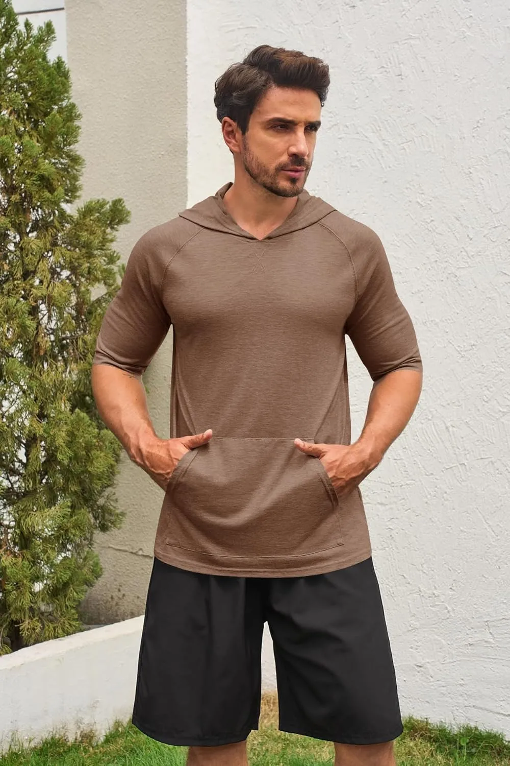 Men's Thin Hooded T Shirt Sweatshirts Short Sleeve Cool Solid Color Pullover Hoodies with Kangaroo Pockets