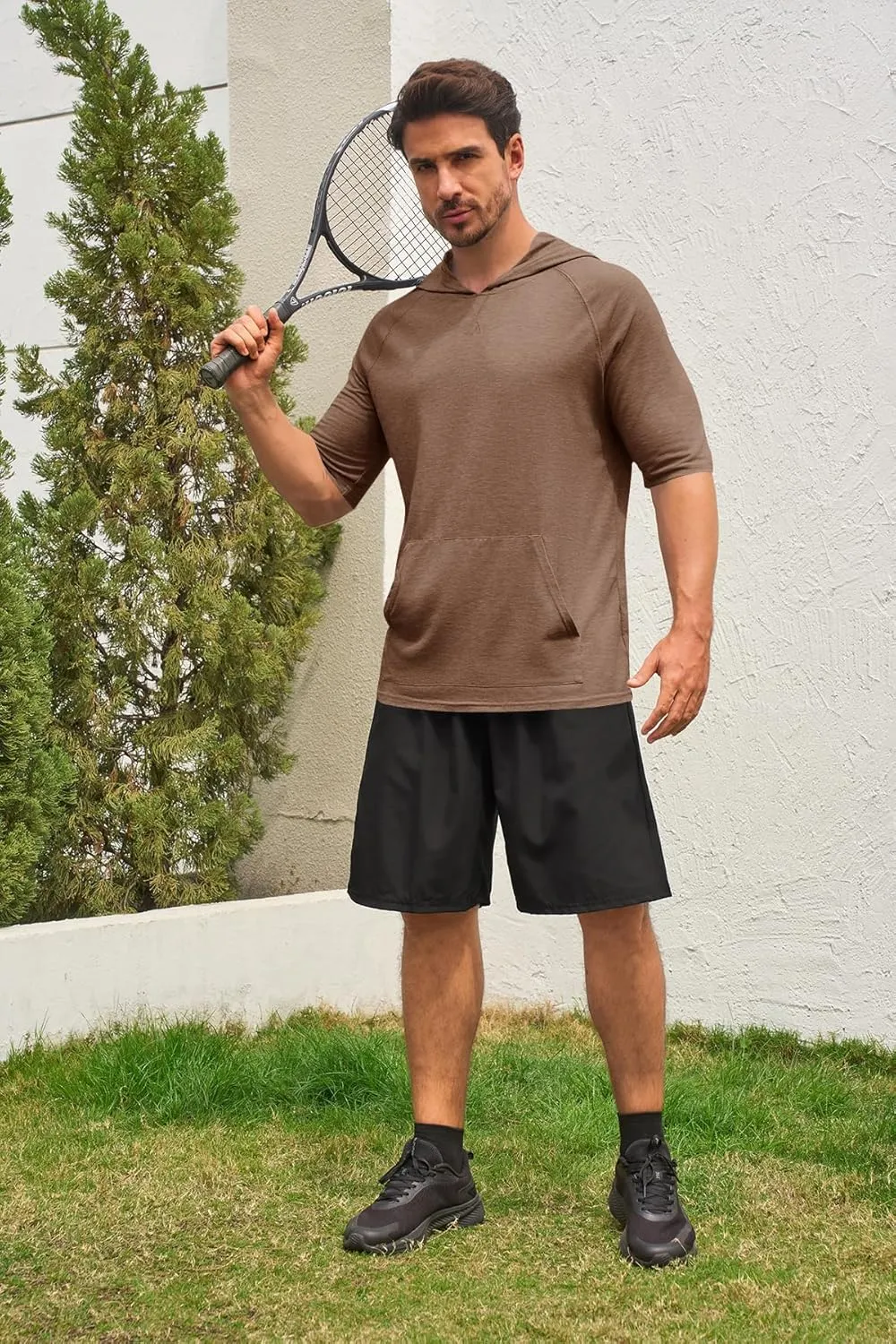 Men's Thin Hooded T Shirt Sweatshirts Short Sleeve Cool Solid Color Pullover Hoodies with Kangaroo Pockets