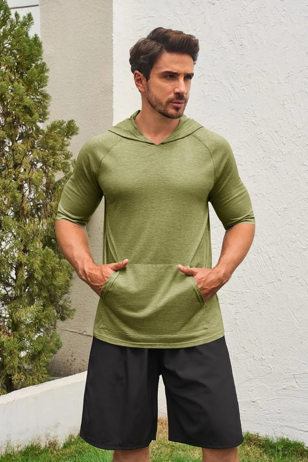Men's Thin Hooded T Shirt Sweatshirts Short Sleeve Cool Solid Color Pullover Hoodies with Kangaroo Pockets