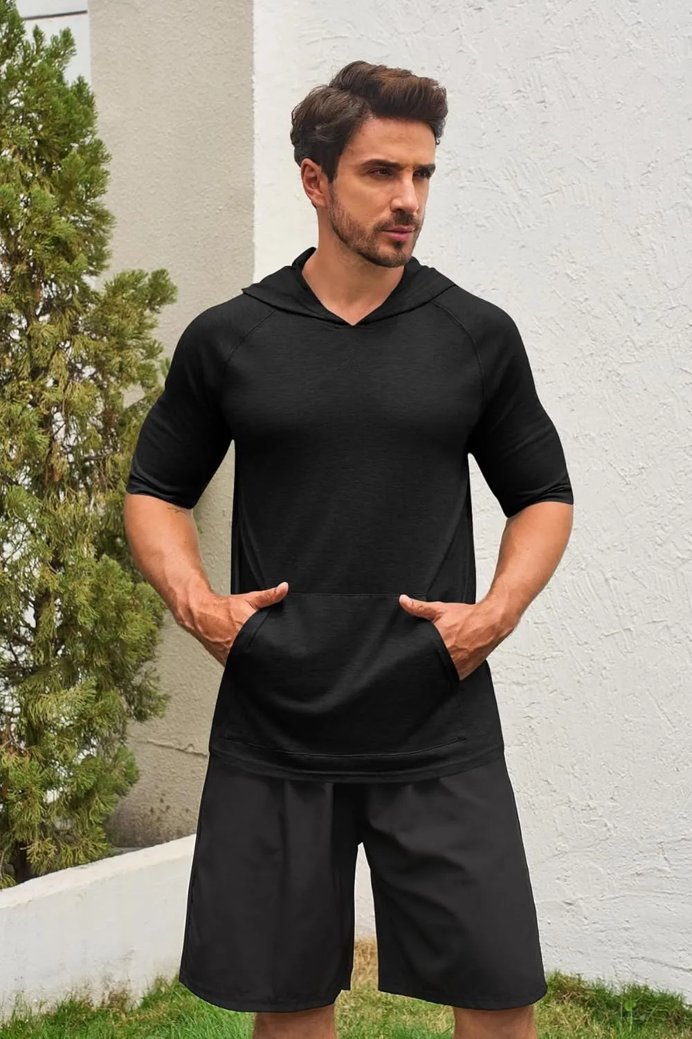 Men's Thin Hooded T Shirt Sweatshirts Short Sleeve Cool Solid Color Pullover Hoodies with Kangaroo Pockets
