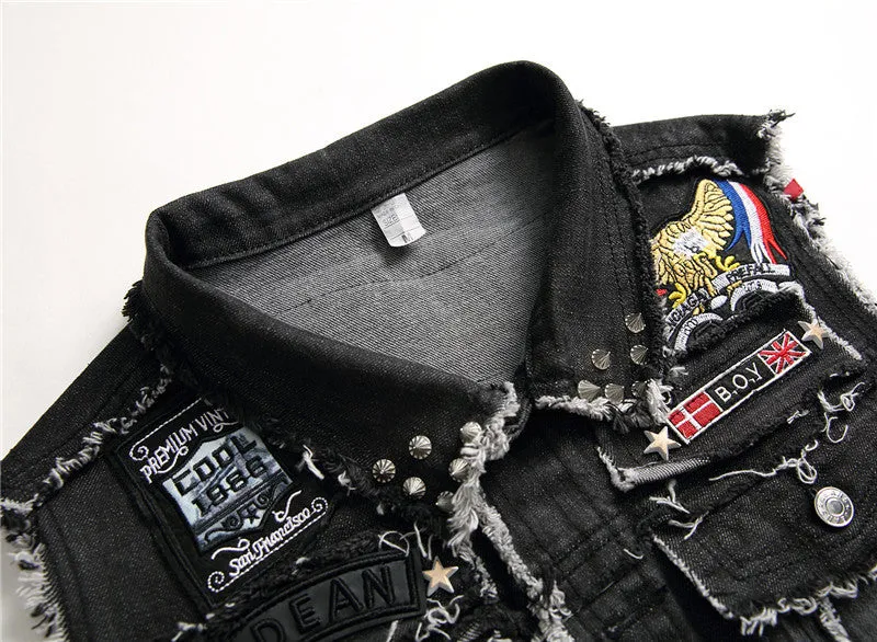 Men's Wash Denim Waistcoat Skull Embroidery Sleeveless Denim Vest