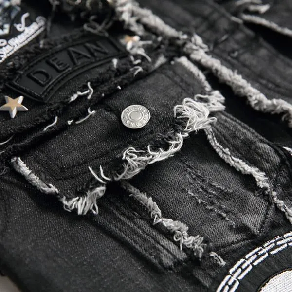 Men's Washed Embroidered Skull Denim Vest 11712032M