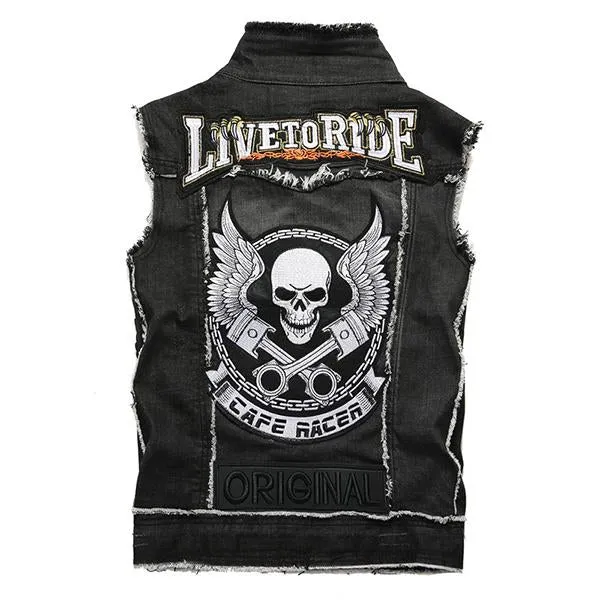 Men's Washed Embroidered Skull Denim Vest 11712032M