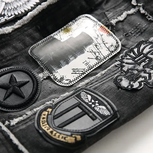 Men's Washed Embroidered Skull Denim Vest 11712032M