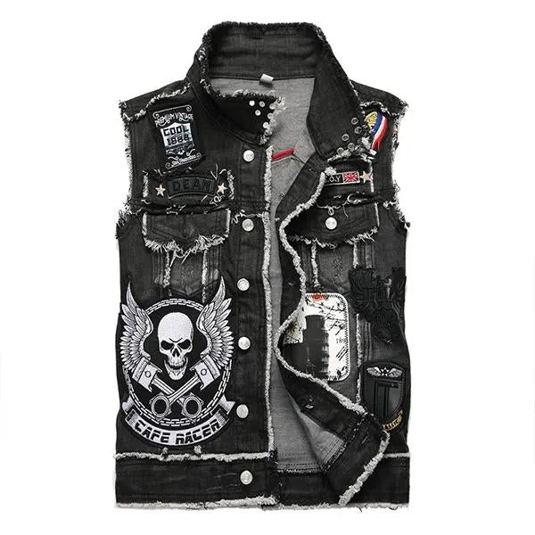Men's Washed Embroidered Skull Denim Vest 11712032M