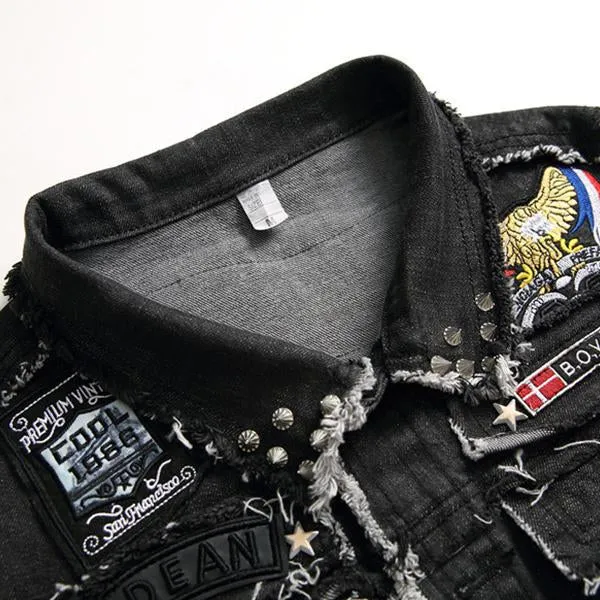 Men's Washed Embroidered Skull Denim Vest 11712032M
