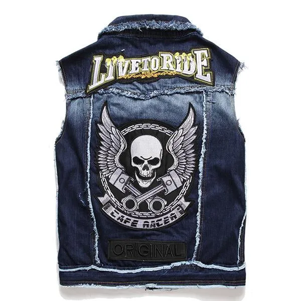 Men's Washed Embroidered Skull Denim Vest 11712032M
