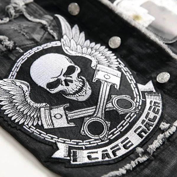 Men's Washed Embroidered Skull Denim Vest 11712032M