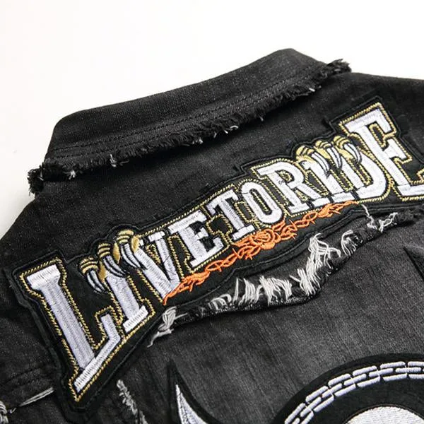 Men's Washed Embroidered Skull Denim Vest 11712032M