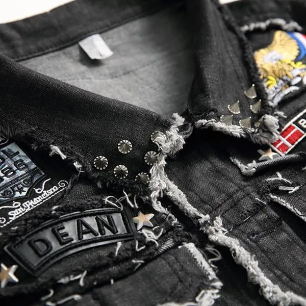 Men's Washed Embroidered Skull Denim Vest 11712032M
