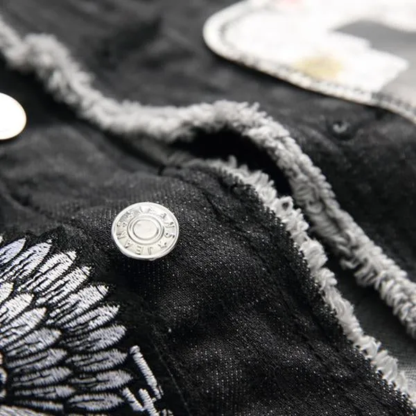 Men's Washed Embroidered Skull Denim Vest 11712032M