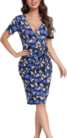 Midi Wrap Dress for Women Sexy Floral Print Boho Dresses Summer Casual Short Sleeve V Neck Holiday Dresses
