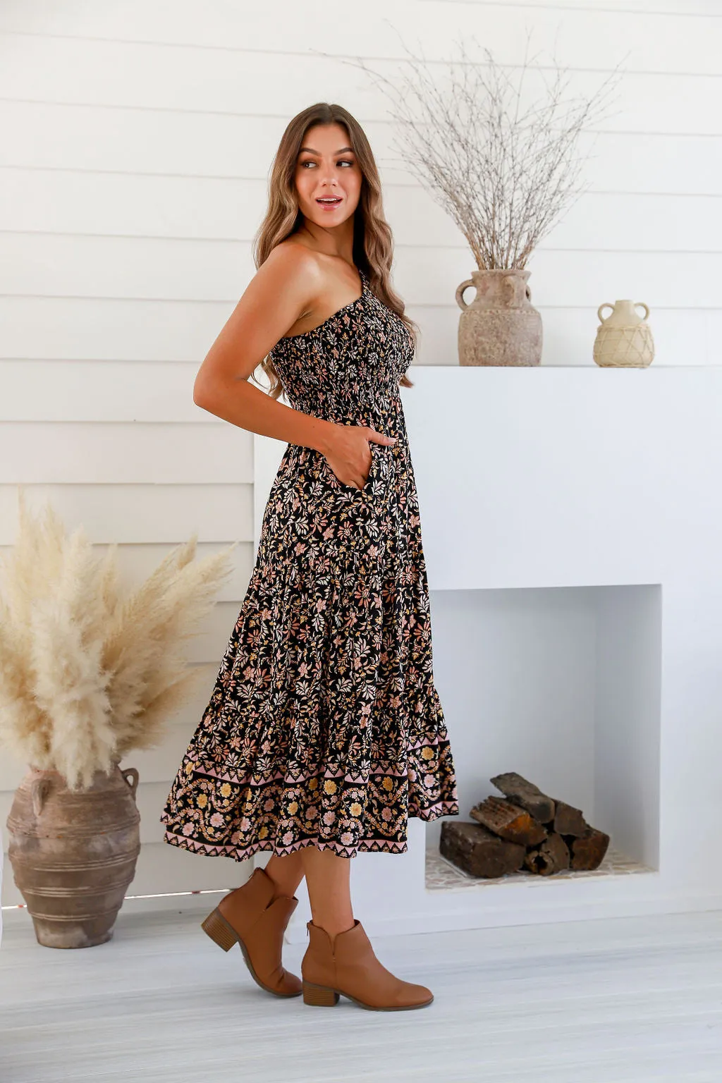 Milena print midi One Shoulder dress