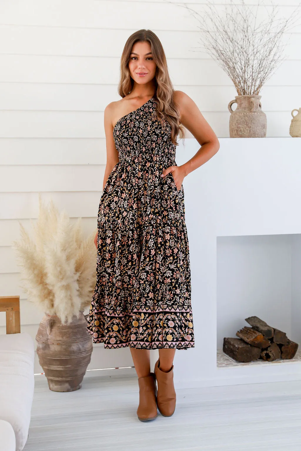 Milena print midi One Shoulder dress