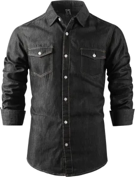 OCHENTA Men's Denim Button Down Shirts Casual Chambray Long Sleeve Lightweight Tops