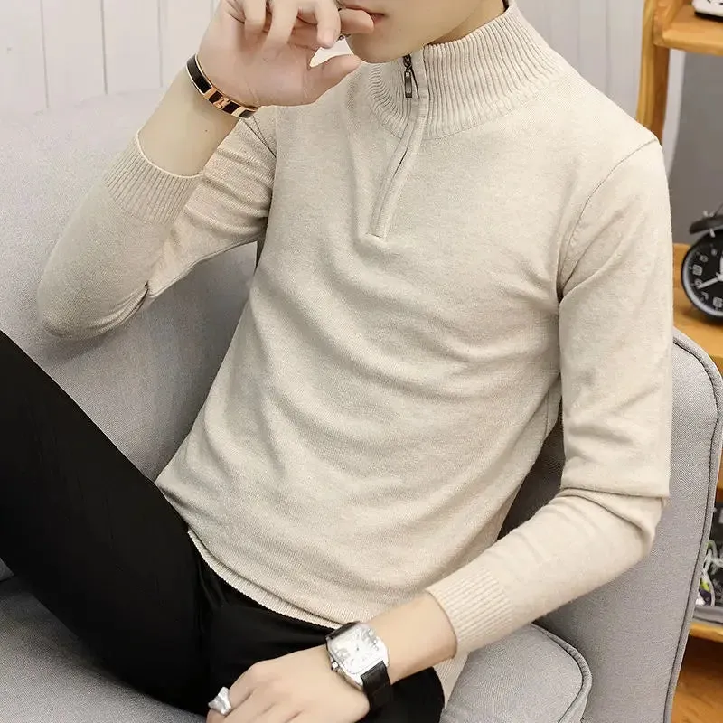 Old Era Fashion Men’s Zip Neck Knitted Jumper – Old Money Style High Neck Pullover