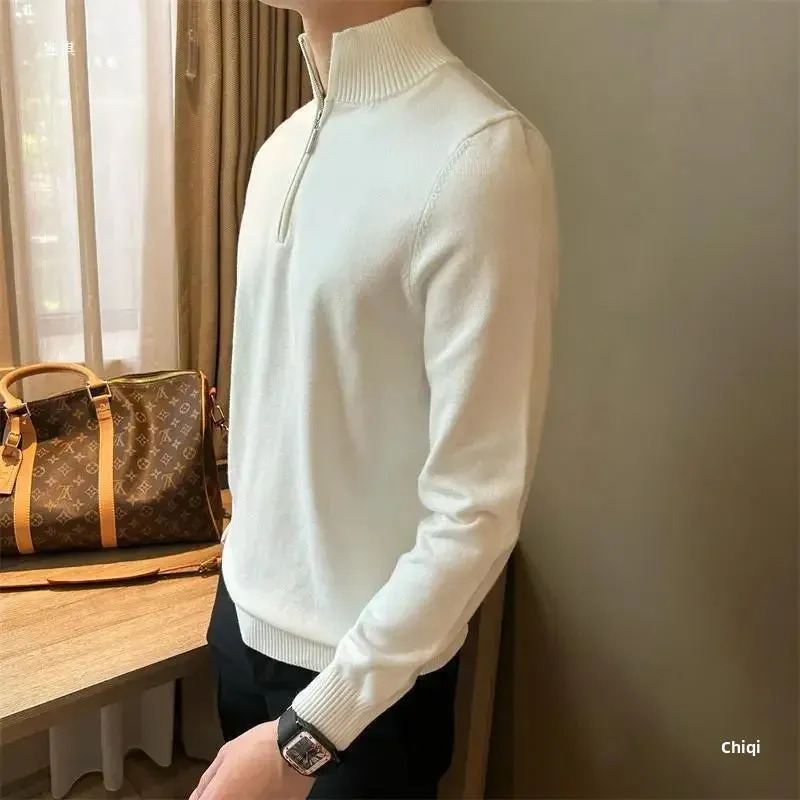 Old Era Fashion Men’s Zip Neck Knitted Jumper – Old Money Style High Neck Pullover