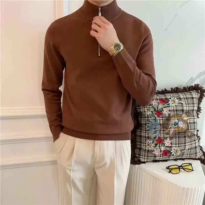 Old Era Fashion Men’s Zip Neck Knitted Jumper – Old Money Style High Neck Pullover