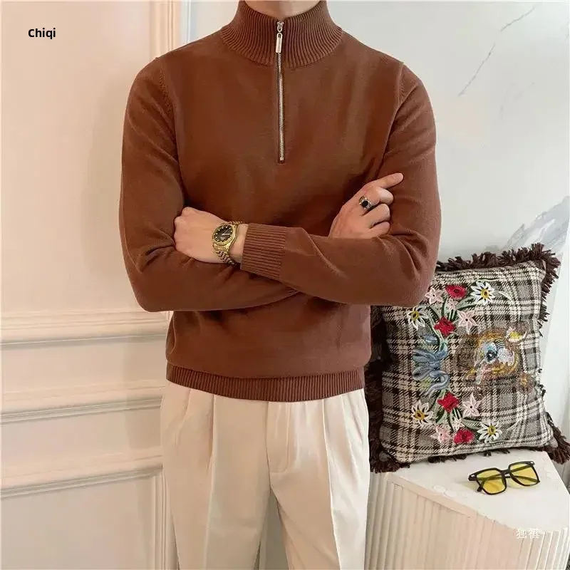 Old Era Fashion Men’s Zip Neck Knitted Jumper – Old Money Style High Neck Pullover