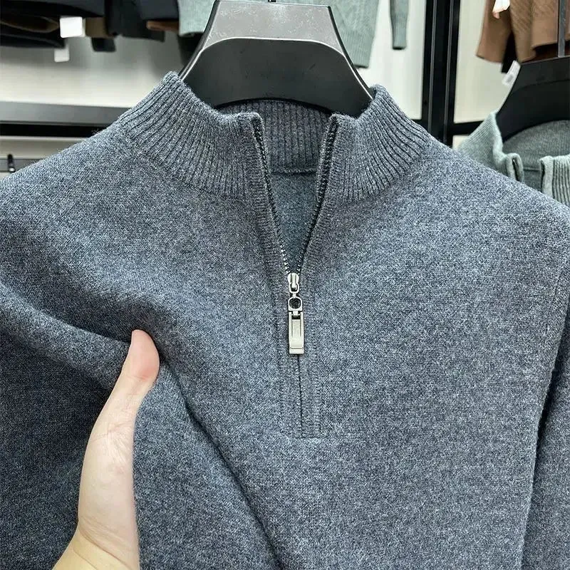 Old Era Fashion Men’s Zip Neck Knitted Jumper – Old Money Style High Neck Pullover