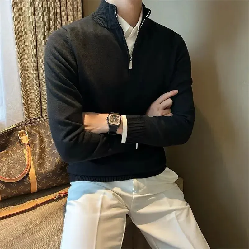 Old Era Fashion Men’s Zip Neck Knitted Jumper – Old Money Style High Neck Pullover
