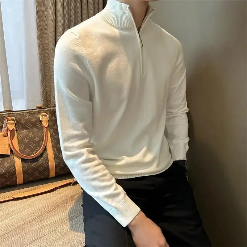Old Era Fashion Men’s Zip Neck Knitted Jumper – Old Money Style High Neck Pullover