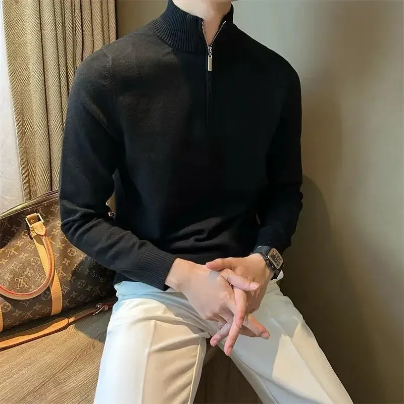 Old Era Fashion Men’s Zip Neck Knitted Jumper – Old Money Style High Neck Pullover